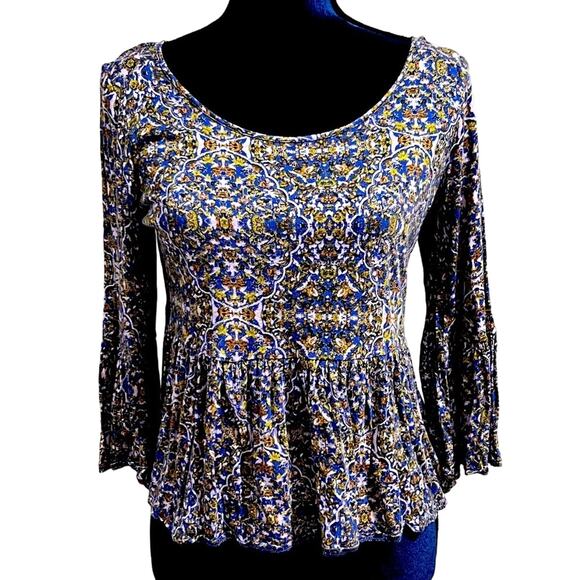 Free People Printed Peplum Top Shirt Blouse Small Swingy Casual Royal Combo - Picture 1 of 11